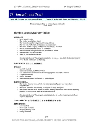 2/24/2007Leadership Architect® Competencies 29 Integrity and Trust
29 Integrity and Trust
Factor VI: Personal and Interpersonal Skills Cluster R: Acting with Honor and Character VI - R
29 Integrity and Trust
There is no such thing as a minor lapse in integrity.
– Tom Peters
SECTION 1: YOUR DEVELOPMENT NEED(S)
UNSKILLED
• Is not widely trusted
• May hedge or not take a stand
• May treat others differently or indifferently at times
• May not walk his/her talk and be seen as inconsistent
• May have trouble keeping confidences and talks out of school
• Makes promises he/she doesn't or can't keep
• May lack follow-through and causes problems for others
• Blames others for own mistakes
• Seen as just out for him/herself
Select one to three of the competencies below to use as a substitute for this competency
if you decide not to work on it directly.
SUBSTITUTES: 3,22,23,27,33,34,44,57
SKILLED
• Is widely trusted
• Is seen as a direct, truthful individual
• Can present the unvarnished truth in an appropriate and helpful manner
• Keeps confidences
• Admits mistakes
• Doesn't misrepresent him/herself for personal gain
OVERUSED SKILL
• May be too direct at times, which may catch people off guard and make them
uncomfortable
• May push openness and honesty to the point of being disruptive
• May be so "only the facts" driven as to omit drawing reasonable conclusions, rendering
opinions, or fixing blame, even when it's reasonable
Select one to three of the competencies listed below to work on to compensate for an
overuse of this skill.
COMPENSATORS: 2,5,14,22,26,31,33,38,40,42,46,48,52,54,56,64
SOME CAUSES
• Avoid conflict
• Don't "walk your talk"
• Hedging; holding back
• Overly ambitious
247
© COPYRIGHT 1996 - 2006 MICHAEL M. LOMBARDO AND ROBERT W. EICHINGER. ALL RIGHTS RESERVED.
 