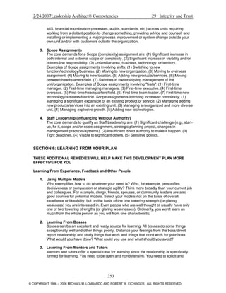 2/24/2007Leadership Architect® Competencies 29 Integrity and Trust
MIS, financial coordination processes, audits, standards, etc.) across units requiring
working from a distant position to change something, providing advice and counsel, and
installing or implementing a major process improvement or system change outside your
own unit and/or with customers outside the organization.
3. Scope Assignments
The core demands for a Scope (complexity) assignment are: (1) Significant increase in
both internal and external scope or complexity. (2) Significant increase in visibility and/or
bottom-line responsibility. (3) Unfamiliar area, business, technology, or territory.
Examples of Scope assignments involving shifts: (1) Switching to new
function/technology/business. (2) Moving to new organization. (3) Moving to overseas
assignment. (4) Moving to new location. (5) Adding new products/services. (6) Moving
between headquarters/field. (7) Switches in ownership/top management of the
unit/organization. Examples of Scope assignments involving "firsts": (1) First-time
manager. (2) First-time managing managers. (3) First-time executive. (4) First-time
overseas. (5) First-time headquarters/field. (6) First-time team leader. (7) First-time new
technology/business/function. Scope assignments involving increased complexity: (1)
Managing a significant expansion of an existing product or service. (2) Managing adding
new products/services into an existing unit. (3) Managing a reorganized and more diverse
unit. (4) Managing explosive growth. (5) Adding new technologies.
4. Staff Leadership (Influencing Without Authority)
The core demands to qualify as Staff Leadership are: (1) Significant challenge (e.g., start-
up, fix-it, scope and/or scale assignment, strategic planning project, changes in
management practices/systems). (2) Insufficient direct authority to make it happen. (3)
Tight deadlines. (4) Visible to significant others. (5) Sensitive politics.
SECTION 6: LEARNING FROM YOUR PLAN
THESE ADDITIONAL REMEDIES WILL HELP MAKE THIS DEVELOPMENT PLAN MORE
EFFECTIVE FOR YOU
Learning From Experience, Feedback and Other People
1. Using Multiple Models
Who exemplifies how to do whatever your need is? Who, for example, personifies
decisiveness or compassion or strategic agility? Think more broadly than your current job
and colleagues. For example, clergy, friends, spouses, or community leaders are also
good sources for potential models. Select your models not on the basis of overall
excellence or likeability, but on the basis of the one towering strength (or glaring
weakness) you are interested in. Even people who are well thought of usually have only
one or two towering strengths (or glaring weaknesses). Ordinarily, you won't learn as
much from the whole person as you will from one characteristic.
2. Learning From Bosses
Bosses can be an excellent and ready source for learning. All bosses do some things
exceptionally well and other things poorly. Distance your feelings from the boss/direct
report relationship and study things that work and things that don't work for your boss.
What would you have done? What could you use and what should you avoid?
3. Learning From Mentors and Tutors
Mentors and tutors offer a special case for learning since the relationship is specifically
formed for learning. You need to be open and nondefensive. You need to solicit and
253
© COPYRIGHT 1996 - 2006 MICHAEL M. LOMBARDO AND ROBERT W. EICHINGER. ALL RIGHTS RESERVED.
 