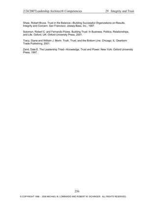 2/24/2007Leadership Architect® Competencies 29 Integrity and Trust
Shaw, Robert Bruce. Trust in the Balance—Building Successful Organizations on Results,
Integrity and Concern. San Francisco: Jossey-Bass, Inc., 1997.
Solomon, Robert C. and Fernando Flores. Building Trust: In Business, Politics, Relationships,
and Life. Oxford, UK: Oxford University Press, 2001.
Tracy, Diane and William J. Morin. Truth, Trust, and the Bottom Line. Chicago, IL: Dearborn
Trade Publishing, 2001.
Zand, Dale E. The Leadership Triad—Knowledge, Trust and Power. New York: Oxford University
Press, 1997.
256
© COPYRIGHT 1996 - 2006 MICHAEL M. LOMBARDO AND ROBERT W. EICHINGER. ALL RIGHTS RESERVED.
 