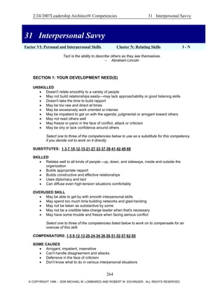 2/24/2007Leadership Architect® Competencies 31 Interpersonal Savvy
31 Interpersonal Savvy
Factor VI: Personal and Interpersonal Skills Cluster N: Relating Skills I - N
31 Interpersonal Savvy
Tact is the ability to describe others as they see themselves.
– Abraham Lincoln
SECTION 1: YOUR DEVELOPMENT NEED(S)
UNSKILLED
• Doesn't relate smoothly to a variety of people
• May not build relationships easily—may lack approachability or good listening skills
• Doesn't take the time to build rapport
• May be too raw and direct at times
• May be excessively work oriented or intense
• May be impatient to get on with the agenda; judgmental or arrogant toward others
• May not read others well
• May freeze or panic in the face of conflict, attack or criticism
• May be shy or lack confidence around others
Select one to three of the competencies below to use as a substitute for this competency
if you decide not to work on it directly.
SUBSTITUTES: 1,3,7,10,12,15,21,27,33,37,39,41,42,49,60
SKILLED
• Relates well to all kinds of people—up, down, and sideways, inside and outside the
organization
• Builds appropriate rapport
• Builds constructive and effective relationships
• Uses diplomacy and tact
• Can diffuse even high-tension situations comfortably
OVERUSED SKILL
• May be able to get by with smooth interpersonal skills
• May spend too much time building networks and glad-handing
• May not be taken as substantive by some
• May not be a credible take-charge leader when that's necessary
• May have some trouble and freeze when facing serious conflict
Select one to three of the competencies listed below to work on to compensate for an
overuse of this skill.
COMPENSATORS: 1,5,9,12,13,20,24,34,36,50,51,52,57,62,65
SOME CAUSES
• Arrogant, impatient, insensitive
• Can't handle disagreement and attacks
• Defensive in the face of criticism
• Don't know what to do in various interpersonal situations
264
© COPYRIGHT 1996 - 2006 MICHAEL M. LOMBARDO AND ROBERT W. EICHINGER. ALL RIGHTS RESERVED.
 