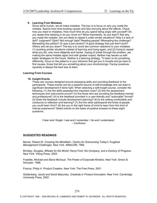 2/24/2007Leadership Architect® Competencies 32 Learning on the Fly
9. Learning From Mistakes
Since we're human, we all make mistakes. The key is to focus on why you made the
mistake. Spend more time locating causes and less worrying about the effects. Check
how you react to mistakes. How much time do you spend being angry with yourself? Do
you waste time stewing or do you move on? More importantly, do you learn? Ask why
you made the mistake. Are you likely to repeat it under similar situations? Was it a lack of
skill? Judgment? Style? Not enough data? Reading people? Misreading the challenge?
Misreading the politics? Or was it just random? A good strategy that just didn't work?
Others who let you down? The key is to avoid two common reactions to your mistakes:
(1) avoiding similar situations instead of learning and trying again, and (2) trying to repeat
what you did, only more diligently and harder, hoping to break through the problem, yet
making the same mistake again and with greater impact. Neither trap leaves us with
better strategies for the future. Neither is a learning strategy. To learn to do something
differently, focus on the patterns in your behavior that get you in trouble and go back to
first causes, those that tell you something about your shortcomings. Facing ourselves
squarely is always the best way to learn.
Learning From Courses
10. Insight Events
These are courses designed around assessing skills and providing feedback to the
participants. These events can be a powerful source of self-knowledge and can lead to
significant development if done right. When selecting a self-insight course, consider the
following: (1) Are the skills assessed the important ones? (2) Are the assessment
techniques and instruments sound? (3) Are those who are providing the feedback trained
and professional? (4) Is the feedback provided in a user-friendly and "actionable" format?
(5) Does the feedback include development planning? (6) Is the setting comfortable and
conducive to reflection and learning? (7) Are the other participants the kinds of people
you could learn from? (8) Are you in the right frame of mind to learn from this kind of
intense experience? Select events on the basis of positive answers to these eight
questions.
I hear and I forget. I see and I remember. I do and I understand.
– Confucius
SUGGESTED READINGS
Barner, Robert W. Crossing the Minefield—Tactics for Overcoming Today’s Toughest
Management Challenges. New York: AMACOM, 1994.
Brinkley, Douglas. Wheels for the World: Henry Ford, His Company, and a Century of Progress.
New York: Viking Press, 2003.
Fradette, Michael and Steve Michaud. The Power of Corporate Kinetics. New York: Simon &
Schuster, 1998.
Francis, Philip H. Product Creation. New York: The Free Press, 2001.
Goldenberg, Jacob and David Mazursky. Creativity in Product Innovation. New York: Cambridge
University Press, 2002.
279
© COPYRIGHT 1996 - 2006 MICHAEL M. LOMBARDO AND ROBERT W. EICHINGER. ALL RIGHTS RESERVED.
 