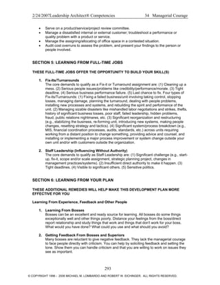 2/24/2007Leadership Architect® Competencies 34 Managerial Courage
• Serve on a product/service/project review committee.
• Manage a dissatisfied internal or external customer; troubleshoot a performance or
quality problem with a product or service.
• Manage the assigning/allocating of office space in a contested situation.
• Audit cost overruns to assess the problem, and present your findings to the person or
people involved.
SECTION 5: LEARNING FROM FULL-TIME JOBS
THESE FULL-TIME JOBS OFFER THE OPPORTUNITY TO BUILD YOUR SKILL(S)
1. Fix-Its/Turnarounds
The core demands to qualify as a Fix-it or Turnaround assignment are: (1) Cleaning up a
mess. (2) Serious people issues/problems like credibility/performance/morale. (3) Tight
deadline. (4) Serious business performance failure. (5) Last chance to fix. Four types of
Fix-its/Turnarounds: (1) Fixing a failed business/unit involving taking control, stopping
losses, managing damage, planning the turnaround, dealing with people problems,
installing new processes and systems, and rebuilding the spirit and performance of the
unit. (2) Managing sizable disasters like mishandled labor negotiations and strikes, thefts,
history of significant business losses, poor staff, failed leadership, hidden problems,
fraud, public relations nightmares, etc. (3) Significant reorganization and restructuring
(e.g., stabilizing the business, re-forming unit, introducing new systems, making people
changes, resetting strategy and tactics). (4) Significant system/process breakdown (e.g.,
MIS, financial coordination processes, audits, standards, etc.) across units requiring
working from a distant position to change something, providing advice and counsel, and
installing or implementing a major process improvement or system change outside your
own unit and/or with customers outside the organization.
2. Staff Leadership (Influencing Without Authority)
The core demands to qualify as Staff Leadership are: (1) Significant challenge (e.g., start-
up, fix-it, scope and/or scale assignment, strategic planning project, changes in
management practices/systems). (2) Insufficient direct authority to make it happen. (3)
Tight deadlines. (4) Visible to significant others. (5) Sensitive politics.
SECTION 6: LEARNING FROM YOUR PLAN
THESE ADDITIONAL REMEDIES WILL HELP MAKE THIS DEVELOPMENT PLAN MORE
EFFECTIVE FOR YOU
Learning From Experience, Feedback and Other People
1. Learning From Bosses
Bosses can be an excellent and ready source for learning. All bosses do some things
exceptionally well and other things poorly. Distance your feelings from the boss/direct
report relationship and study things that work and things that don't work for your boss.
What would you have done? What could you use and what should you avoid?
2. Getting Feedback From Bosses and Superiors
Many bosses are reluctant to give negative feedback. They lack the managerial courage
to face people directly with criticism. You can help by soliciting feedback and setting the
tone. Show them you can handle criticism and that you are willing to work on issues they
see as important.
293
© COPYRIGHT 1996 - 2006 MICHAEL M. LOMBARDO AND ROBERT W. EICHINGER. ALL RIGHTS RESERVED.
 