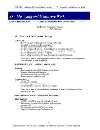 2/24/2007Leadership Architect® Competencies 35 Managing and Measuring Work
35 Managing and Measuring Work
Factor II: Operating Skills Cluster F: Getting Work Done Through Others II - F
35 Managing and Measuring Work
Don’t expect what you don’t inspect.
– Author Unknown
SECTION 1: YOUR DEVELOPMENT NEED(S)
UNSKILLED
• Doesn't use goals and objectives to manage self or others
• Not orderly in assigning and measuring work
• Isn't clear about who is responsible for what
• May be disorganized, just throw tasks at people, or lack goals or priorities
• May manage time poorly and not get around to managing in an orderly way
• Doesn't provide work-in-progress feedback
• Doesn't set up benchmarks and ways for people to measure themselves
Select one to three of the competencies below to use as a substitute for this competency
if you decide not to work on it directly.
SUBSTITUTES: 5,9,12,13,18,20,24,27,39,47,52,53,63
SKILLED
• Clearly assigns responsibility for tasks and decisions
• Sets clear objectives and measures
• Monitors process, progress, and results
• Designs feedback loops into work
OVERUSED SKILL
• May be overcontrolling
• May look over people's shoulders
• May prescribe too much and not empower people
Select one to three of the competencies listed below to work on to compensate for an
overuse of this skill.
COMPENSATORS: 3,14,18,19,26,33,36,44,57,60,63,64,65
SOME CAUSES
• Avoid the conflict that goes with setting tough goals
• Disorganized; not orderly thinking about work and tasks
• Inexperienced
• Not personally goal oriented; don't use goals
• Poor time management; don't get around to it
297
© COPYRIGHT 1996 - 2006 MICHAEL M. LOMBARDO AND ROBERT W. EICHINGER. ALL RIGHTS RESERVED.
 