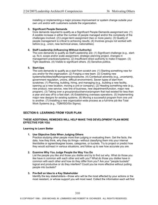 2/24/2007Leadership Architect® Competencies 36 Motivating Others
installing or implementing a major process improvement or system change outside your
own unit and/or with customers outside the organization.
3. Significant People Demands
Core demands required to qualify as a Significant People Demands assignment are: (1)
A sizable increase in either the number of people managed and/or the complexity of the
challenges involved. (2) Longer-term assignment (two or more years). (3) Quality of
people management is critical to achieving results. (4) Involves groups not worked with
before (e.g., union, new technical areas, nationalities).
4. Staff Leadership (Influencing Without Authority)
The core demands to qualify as Staff Leadership are: (1) Significant challenge (e.g., start-
up, fix-it, scope and/or scale assignment, strategic planning project, changes in
management practices/systems). (2) Insufficient direct authority to make it happen. (3)
Tight deadlines. (4) Visible to significant others. (5) Sensitive politics.
5. Start-Ups
The core demands to qualify as a start from scratch are: (1) Starting something new for
you and/or for the organization. (2) Forging a new team. (3) Creating new
systems/facilities/staffs/programs/procedures. (4) Contextual adversity (e.g., uncertainty,
government regulation, unions, difficult environment). Seven types of start from
scratches: (1) Planning, building, hiring, and managing (e.g., building a new facility,
opening up a new location, moving a unit or company). (2) Heading something new (e.g.,
new product, new service, new line of business, new department/function, major new
program). (3) Taking over a group/product/service/program that had existed for less than
a year and was off to a fast start. (4) Establishing overseas operations. (5) Implementing
major new designs for existing systems. (6) Moving a successful program from one unit
to another. (7) Installing a new organization-wide process as a full-time job like Total
Work Systems (e.g., TQM/ISO/Six Sigma).
SECTION 6: LEARNING FROM YOUR PLAN
THESE ADDITIONAL REMEDIES WILL HELP MAKE THIS DEVELOPMENT PLAN MORE
EFFECTIVE FOR YOU
Learning to Learn Better
1. Use Objective Data When Judging Others
Practice studying other people more than judging or evaluating them. Get the facts, the
data, how they think, why they do things—without classifying them into your internal
like/dislike or agree/disagree boxes, categories, or buckets. Try to project or predict how
they would act/react in various situations, and follow up to see how accurate you are.
2. Examine Why You Judge People the Way You Do
List the people you like and those you dislike and try to find out why. What do those you
like have in common with each other and with you? What do those you dislike have in
common with each other and how do they differ from you? Are your "people buckets"
logical and productive or do they interfere? Could you be more effective without putting
people into buckets?
3. Pre-Sell an Idea to a Key Stakeholder
Identify the key stakeholders—those who will be the most affected by your actions or the
most resistant, or whose support you will most need. Collect the information each will find
310
© COPYRIGHT 1996 - 2006 MICHAEL M. LOMBARDO AND ROBERT W. EICHINGER. ALL RIGHTS RESERVED.
 