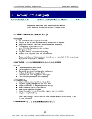 Leadership Architect® Competencies 2 Dealing with Ambiguity
2 Dealing with Ambiguity
2 Dealing with Ambiguity
Factor I: Strategic Skills Cluster C: Creating the New and Different I - C
Being on the tightrope is living; everything else is waiting.
– Karl Wallenda, American aerialist and circus performer
SECTION 1: YOUR DEVELOPMENT NEED(S)
UNSKILLED
• Not comfortable with change or uncertainty
• May not do well on fuzzy problems with no clear solution or outcome
• May prefer more data than others, and structure over uncertainty
• Prefers things tacked down and sure
• Less efficient and productive under ambiguity
• Too quick to close
• May have a strong need to finish everything
• May like to do things the same way time after time
Select one to three of the competencies below to use as a substitute for this competency
if you decide not to work on it directly.
SUBSTITUTES: 1,5,12,14,16,28,30,32,36,39,40,46,47,50,51,52,53,58
SKILLED
• Can effectively cope with change
• Can shift gears comfortably
• Can decide and act without having the total picture
• Isn't upset when things are up in the air
• Doesn't have to finish things before moving on
• Can comfortably handle risk and uncertainty
OVERUSED SKILL
• May move to conclusions without enough data
• May fill in gaps by adding things that aren't there
• May frustrate others by not getting specific enough
• May undervalue orderly problem solving
• May reject precedent and history
• May err toward the new and risky at the expense of proven solutions
• May over-complicate things
Select one to three of the competencies listed below to work on to compensate for an
overuse of this skill.
COMPENSATORS: 5,17,24,30,35,39,40,47,50,51,52,59,61,63
27
© COPYRIGHT 1996 - 2006 MICHAEL M. LOMBARDO AND ROBERT W. EICHINGER. ALL RIGHTS RESERVED.
 
