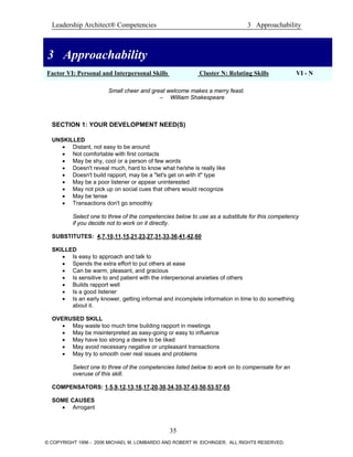 Leadership Architect® Competencies 3 Approachability
3 Approachability
3 Approachability
Factor VI: Personal and Interpersonal Skills Cluster N: Relating Skills VI - N
Small cheer and great welcome makes a merry feast.
– William Shakespeare
SECTION 1: YOUR DEVELOPMENT NEED(S)
UNSKILLED
• Distant, not easy to be around
• Not comfortable with first contacts
• May be shy, cool or a person of few words
• Doesn't reveal much, hard to know what he/she is really like
• Doesn't build rapport, may be a "let's get on with it" type
• May be a poor listener or appear uninterested
• May not pick up on social cues that others would recognize
• May be tense
• Transactions don't go smoothly
Select one to three of the competencies below to use as a substitute for this competency
if you decide not to work on it directly.
SUBSTITUTES: 4,7,10,11,15,21,23,27,31,33,36,41,42,60
SKILLED
• Is easy to approach and talk to
• Spends the extra effort to put others at ease
• Can be warm, pleasant, and gracious
• Is sensitive to and patient with the interpersonal anxieties of others
• Builds rapport well
• Is a good listener
• Is an early knower, getting informal and incomplete information in time to do something
about it.
OVERUSED SKILL
• May waste too much time building rapport in meetings
• May be misinterpreted as easy-going or easy to influence
• May have too strong a desire to be liked
• May avoid necessary negative or unpleasant transactions
• May try to smooth over real issues and problems
Select one to three of the competencies listed below to work on to compensate for an
overuse of this skill.
COMPENSATORS: 1,5,9,12,13,16,17,20,30,34,35,37,43,50,53,57,65
SOME CAUSES
• Arrogant
35
© COPYRIGHT 1996 - 2006 MICHAEL M. LOMBARDO AND ROBERT W. EICHINGER. ALL RIGHTS RESERVED.
 