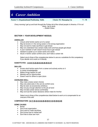 Leadership Architect® Competencies 6 Career Ambition
6 Career Ambition
6 Career Ambition
Factor V: Organizational Positioning Skills Cluster M: Managing Up V - M
Every morning I get up and look through the Forbes list of the richest people in America. If I’m not
there, I go to work.
– Robert Orben
SECTION 1: YOUR DEVELOPMENT NEED(S)
UNSKILLED
• Unsure what he/she wants out of a career
• May be bored or in the wrong career or the wrong organization
• May not want to make sacrifices to get ahead
• May not understand how careers really work and how people get ahead
• A poor marketer of self; doesn't know how to get noticed
• Hesitant to speak up on career wants and needs
• Stuck in his/her career comfort zone; won't take a career risk
Select one to three of the competencies below to use as a substitute for this competency
if you decide not to work on it directly.
SUBSTITUTES: 1,4,8,9,15,24,28,43,46,48,49,53,57
SKILLED
• Knows what he/she wants from a career and actively works on it
• Is career knowledgeable
• Makes things happen for self
• Markets self for opportunities
• Doesn't wait for others to open doors
OVERUSED SKILL
• May make unwise career choices
• May only select jobs in the can-do comfort zone
• May be seen as excessively ambitious
• May not pay enough attention to the job at hand
• May not take career advice comfortably
• May not trust the career decisions others make for him/her
Select one to three of the competencies listed below to work on to compensate for an
overuse of this skill.
COMPENSATORS: 16,17,30,32,33,42,46,48,50,51,53,55,58,63,66
SOME CAUSES
• Bored
• Don't trust organization
• Don't want to make sacrifices
• Don't know how to market self
• Don't like to blow own horn
57
© COPYRIGHT 1996 - 2006 MICHAEL M. LOMBARDO AND ROBERT W. EICHINGER. ALL RIGHTS RESERVED.
 