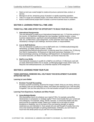 Leadership Architect® Competencies 6 Career Ambition
• Seek out and use a seed budget to create and pursue a personal idea, product, or
service.
• Manage an ad hoc, temporary group of people in a rapidly expanding operation.
• Take on a tough and undoable project, one where others who have tried it have failed.
• Build a multifunctional project team to tackle a common business issue or problem.
SECTION 5: LEARNING FROM FULL-TIME JOBS
THESE FULL-TIME JOBS OFFER THE OPPORTUNITY TO BUILD YOUR SKILL(S)
1. International Assignments
The core demands to qualify as an International Assignment are: (1) First-time working in
the country. (2) Significant challenges like new language, hardship location, unique
business rules/practices, significant cultural/marketplace differences, different functional
task, etc. (3) More than a year assignment. (4) No automatic return deal. (5) Not
necessarily a change in job challenge, technical content, or responsibilities.
2. Line to Staff Switches
The core demands to qualify as a Line to Staff switch are: (1) Intellectually/strategically
demanding. (2) Highly visible to others. (3) New
area/perspective/method/culture/function. (4) Moving away from a bottom line. (5) Moving
from field to headquarters. (6) Exposure to high-level executives. Examples: (1)
Business/strategic planning. (2) Heading a staff department. (3) Assistant to/chief of staff
to a senior executive. (4) Head of a task force. (5) Human resources role.
3. Staff to Line Shifts
Core demands necessary to qualify for a Staff to Line shift are: (1) Moving to a job with
an easily determined bottom line or results. (2) Managing bigger scope and/or scale. (3)
Requires new skills/perspectives. (4) Unfamiliar aspects of the assignment.
SECTION 6: LEARNING FROM YOUR PLAN
THESE ADDITIONAL REMEDIES WILL HELP MAKE THIS DEVELOPMENT PLAN MORE
EFFECTIVE FOR YOU
Learning to Learn Better
1. Envision Yourself Succeeding
Envision yourself succeeding. Examine the image in detail: what you are doing, what you
are feeling, how you are reacting to others, how others are reacting to you, how the parts
fit together. Can you then play that out in the real situation and get to the same outcome?
Learning From Experience, Feedback and Other People
2. Using Multiple Models
Who exemplifies how to do whatever your need is? Who, for example, personifies
decisiveness or compassion or strategic agility? Think more broadly than your current job
and colleagues. For example, clergy, friends, spouses, or community leaders are also
good sources for potential models. Select your models not on the basis of overall
excellence or likeability, but on the basis of the one towering strength (or glaring
weakness) you are interested in. Even people who are well thought of usually have only
one or two towering strengths (or glaring weaknesses). Ordinarily, you won't learn as
much from the whole person as you will from one characteristic.
61
© COPYRIGHT 1996 - 2006 MICHAEL M. LOMBARDO AND ROBERT W. EICHINGER. ALL RIGHTS RESERVED.
 