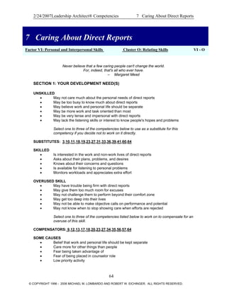 2/24/2007Leadership Architect® Competencies 7 Caring About Direct Reports
7 Caring About Direct Reports
Factor VI: Personal and Interpersonal Skills Cluster O: Relating Skills VI - O
7 Caring About Direct Reports
Never believe that a few caring people can't change the world.
For, indeed, that's all who ever have.
– Margaret Mead
SECTION 1: YOUR DEVELOPMENT NEED(S)
UNSKILLED
• May not care much about the personal needs of direct reports
• May be too busy to know much about direct reports
• May believe work and personal life should be separate
• May be more work and task oriented than most
• May be very tense and impersonal with direct reports
• May lack the listening skills or interest to know people's hopes and problems
Select one to three of the competencies below to use as a substitute for this
competency if you decide not to work on it directly.
SUBSTITUTES: 3,10,11,18,19,23,27,31,33,36,39,41,60,64
SKILLED
• Is interested in the work and non-work lives of direct reports
• Asks about their plans, problems, and desires
• Knows about their concerns and questions
• Is available for listening to personal problems
• Monitors workloads and appreciates extra effort
OVERUSED SKILL
• May have trouble being firm with direct reports
• May give them too much room for excuses
• May not challenge them to perform beyond their comfort zone
• May get too deep into their lives
• May not be able to make objective calls on performance and potential
• May not know when to stop showing care when efforts are rejected
Select one to three of the competencies listed below to work on to compensate for an
overuse of this skill.
COMPENSATORS: 9,12,13,17,18,20,23,27,34,35,56,57,64
SOME CAUSES
• Belief that work and personal life should be kept separate
• Care more for other things than people
• Fear being taken advantage of
• Fear of being placed in counselor role
• Low priority activity
64
© COPYRIGHT 1996 - 2006 MICHAEL M. LOMBARDO AND ROBERT W. EICHINGER. ALL RIGHTS RESERVED.
 