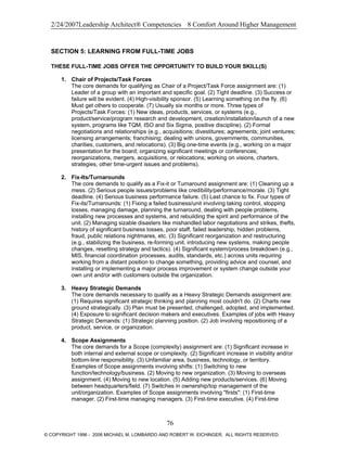 2/24/2007Leadership Architect® Competencies 8 Comfort Around Higher Management
SECTION 5: LEARNING FROM FULL-TIME JOBS
THESE FULL-TIME JOBS OFFER THE OPPORTUNITY TO BUILD YOUR SKILL(S)
1. Chair of Projects/Task Forces
The core demands for qualifying as Chair of a Project/Task Force assignment are: (1)
Leader of a group with an important and specific goal. (2) Tight deadline. (3) Success or
failure will be evident. (4) High-visibility sponsor. (5) Learning something on the fly. (6)
Must get others to cooperate. (7) Usually six months or more. Three types of
Projects/Task Forces: (1) New ideas, products, services, or systems (e.g.,
product/service/program research and development, creation/installation/launch of a new
system, programs like TQM, ISO and Six Sigma, positive discipline). (2) Formal
negotiations and relationships (e.g., acquisitions; divestitures; agreements; joint ventures;
licensing arrangements; franchising; dealing with unions, governments, communities,
charities, customers, and relocations). (3) Big one-time events (e.g., working on a major
presentation for the board; organizing significant meetings or conferences;
reorganizations, mergers, acquisitions, or relocations; working on visions, charters,
strategies, other time-urgent issues and problems).
2. Fix-Its/Turnarounds
The core demands to qualify as a Fix-it or Turnaround assignment are: (1) Cleaning up a
mess. (2) Serious people issues/problems like credibility/performance/morale. (3) Tight
deadline. (4) Serious business performance failure. (5) Last chance to fix. Four types of
Fix-its/Turnarounds: (1) Fixing a failed business/unit involving taking control, stopping
losses, managing damage, planning the turnaround, dealing with people problems,
installing new processes and systems, and rebuilding the spirit and performance of the
unit. (2) Managing sizable disasters like mishandled labor negotiations and strikes, thefts,
history of significant business losses, poor staff, failed leadership, hidden problems,
fraud, public relations nightmares, etc. (3) Significant reorganization and restructuring
(e.g., stabilizing the business, re-forming unit, introducing new systems, making people
changes, resetting strategy and tactics). (4) Significant system/process breakdown (e.g.,
MIS, financial coordination processes, audits, standards, etc.) across units requiring
working from a distant position to change something, providing advice and counsel, and
installing or implementing a major process improvement or system change outside your
own unit and/or with customers outside the organization.
3. Heavy Strategic Demands
The core demands necessary to qualify as a Heavy Strategic Demands assignment are:
(1) Requires significant strategic thinking and planning most couldn't do. (2) Charts new
ground strategically. (3) Plan must be presented, challenged, adopted, and implemented.
(4) Exposure to significant decision makers and executives. Examples of jobs with Heavy
Strategic Demands: (1) Strategic planning position. (2) Job involving repositioning of a
product, service, or organization.
4. Scope Assignments
The core demands for a Scope (complexity) assignment are: (1) Significant increase in
both internal and external scope or complexity. (2) Significant increase in visibility and/or
bottom-line responsibility. (3) Unfamiliar area, business, technology, or territory.
Examples of Scope assignments involving shifts: (1) Switching to new
function/technology/business. (2) Moving to new organization. (3) Moving to overseas
assignment. (4) Moving to new location. (5) Adding new products/services. (6) Moving
between headquarters/field. (7) Switches in ownership/top management of the
unit/organization. Examples of Scope assignments involving "firsts": (1) First-time
manager. (2) First-time managing managers. (3) First-time executive. (4) First-time
76
© COPYRIGHT 1996 - 2006 MICHAEL M. LOMBARDO AND ROBERT W. EICHINGER. ALL RIGHTS RESERVED.
 