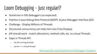 ● Stacktrace in IDE-Debuggers (as expected)
● Patches in Java Debug Wire Protocol (JWDP) & Java Debugger Interface (JDI)
● Challenge - Display Millions of Threads
● Structured concurrency can help here too (Tree-Display)
● JFR should work - match allocations, method calls, etc. to virtual Threads
● Gaps in Thread API:
○ list all running threads
○ carrier <-> virtual thread
Loom Debugging - Just regular!?
wiki.openjdk.org/display/loom/Debugger+Support
 