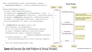 public void handle(Request request, Consumer<Response> callback) {
executorService.execute(() -> callback.accept(doHandle(request)));
}
Response doHandle(Request request) {
var token = request.header("Authorization");
var authentication = sendRequestFor("/authenticate?token=" + token, …);
var authorization = sendRequestFor("/authorize?id=" + authentication.userId(), ..);
var meetings = sendRequestFor("/meetings?id=" + authentication.userId(), …);
var headers = List.of(new Header("Content-Type", "application/json"));
return new Response(200, "OK", headers, Json.toJson(meetings));
}
<T> T sendRequestFor(String endpoint, Class<T> type)
throws IOException, InterruptedException {
URI uri = URI.create("http://%s%s".formatted(backend, endpoint));
var request = HttpRequest.newBuilder().uri(uri).GET().build();
HttpResponse<String> response = httpClient.send(request,
HttpResponse.BodyHandlers.ofString());
if (response.statusCode() != 200) {
throw new RuntimeException("error occurred contacting "+endpoint);
}
return Json.fromJson(response.body(), type);
}
Same old Executor (for both Platform & Virtual Threads)
 