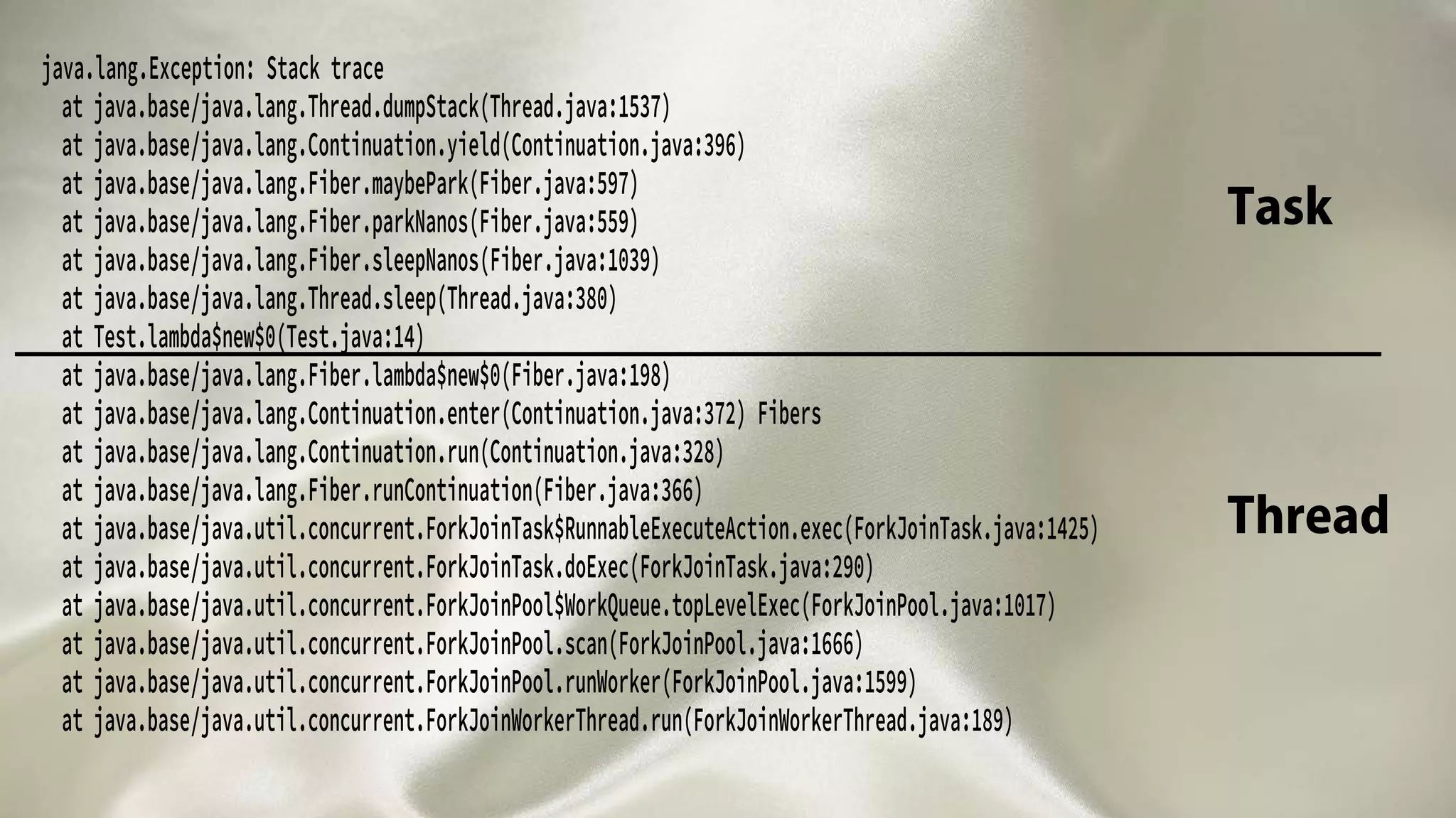 java.lang.Exception: Stack trace
at java.base/java.lang.Thread.dumpStack(Thread.java:1537)
at java.base/java.lang.Continuation.yield(Continuation.java:396)
at java.base/java.lang.Fiber.maybePark(Fiber.java:597)
at java.base/java.lang.Fiber.parkNanos(Fiber.java:559)
at java.base/java.lang.Fiber.sleepNanos(Fiber.java:1039)
at java.base/java.lang.Thread.sleep(Thread.java:380)
at Test.lambda$new$0(Test.java:14)
at java.base/java.lang.Fiber.lambda$new$0(Fiber.java:198)
at java.base/java.lang.Continuation.enter(Continuation.java:372) Fibers
at java.base/java.lang.Continuation.run(Continuation.java:328)
at java.base/java.lang.Fiber.runContinuation(Fiber.java:366)
at java.base/java.util.concurrent.ForkJoinTask$RunnableExecuteAction.exec(ForkJoinTask.java:1425)
at java.base/java.util.concurrent.ForkJoinTask.doExec(ForkJoinTask.java:290)
at java.base/java.util.concurrent.ForkJoinPool$WorkQueue.topLevelExec(ForkJoinPool.java:1017)
at java.base/java.util.concurrent.ForkJoinPool.scan(ForkJoinPool.java:1666)
at java.base/java.util.concurrent.ForkJoinPool.runWorker(ForkJoinPool.java:1599)
at java.base/java.util.concurrent.ForkJoinWorkerThread.run(ForkJoinWorkerThread.java:189)
Task
Thread
 