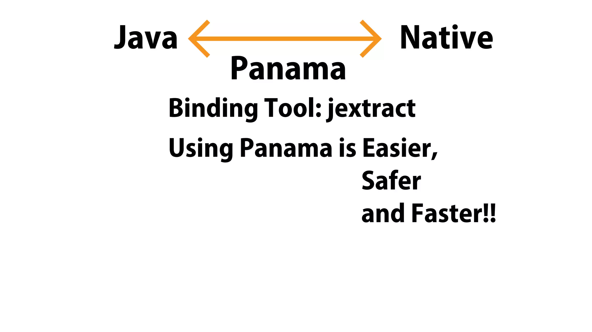 NativeJava
Panama
Binding Tool: jextract
Using Panama is Easier,
Safer
and Faster!!
 