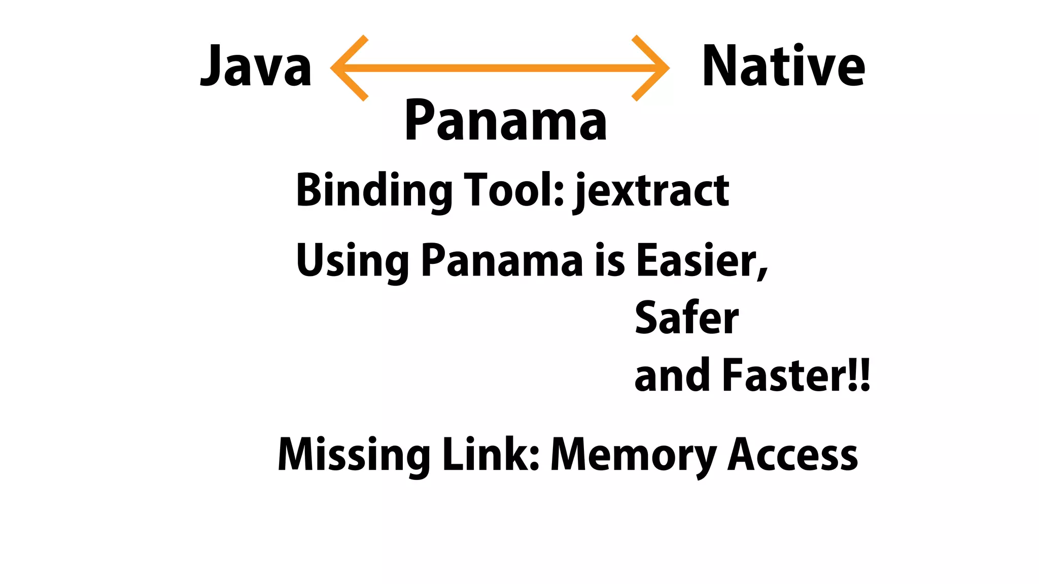 NativeJava
Panama
Binding Tool: jextract
Using Panama is Easier,
Safer
and Faster!!
Missing Link: Memory Access
 