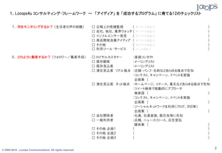 １．Looops4u コンサルティング・フレームワーク ～ 「アイディア」 を 「成功するプログラム」 に育てる12のチェックリスト


       7． 何をモニタリングするか？ （生活者の声の傾聴）                        □   広報上の危機監視     （   キーワードを記入           ）
                                                         □   自社，他社，業界ウォッチ （   キーワードを記入           ）
                                                         □   インフルエンサー発見   （   キーワードを記入           ）
                                                         □   商品開発改善アイディア （    キーワードを記入           ）
                                                         □   その他          （   キーワードを記入           ）
                                                         □   利用ツール・サービス   （   ツールを記入             ）

       8． どのように集客するか？ （フォロワー／集客手段）                       □   ロイヤルカスタマー ：直接コンタクト
                                                         □   既存顧客      ：メーリングリスト
                                                         □   既存見込客     ：メーリングリスト
                                                         □   潜在見込客 リアル接点
                                                                       ：店舗・パンフ・名刺などあらゆる接点で告知
                                                                       ：コンテスト，キャンペーン，イベントを実施
                                                                        企画案 （                    ）
                                                         □ 潜在見込客 ネット接点 ：ホームページ，コマース，署名などあらゆる接点で告知
                                                                       ：ツイート検索で能動的にアプローチ
                                                                        検索語 （                    ）
                                                                       ：コンテスト，キャンペーン，イベントを実施
                                                                        企画案 （                    ）
                                                                       ：ソーシャルネットワークを利用（ブログ，SNS等）
                                                                        企画案 （                    ）
                                                         □ 会社関係者       ：社員，社員家族，取引先等に告知
                                                         □ 一般利用者       ；広報，ニュースリリース，広告宣伝
                                                                        媒体案 （                    ）
                                                         □ その他 企画１     （                         ）
                                                         □ その他 企画２     （                         ）
                                                         □ その他 企画３     （                         ）


© 2005-2010 Looops Communications All rights reserved.
                                                                                                     3
 