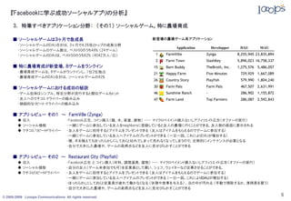 『Facebookに学ぶ成功ソーシャルアプリの分析』

     3． 特筆すべきアプリケーション分野： （その１） ソーシャルゲーム。特に農場育成

     ■ ソーシャルゲームは３ヶ月で急成長                                          新登場の農場ゲーム系アプリケーション
        ・ソーシャルゲームのDAU合計は，3ヶ月で4.26倍とトップの成長分野
                                                                            Application       Developper    DAU        MAU
        ・ソーシャルゲームのゲーム数は，ベスト50のうち48% （24ゲーム）
        ・ソーシャルゲームのDAUは，ベスト50のうち62% （4042万人/日）                      1   FarmVille          Zynga            8,255,945 23,835,894
                                                                   2   Farm Town          SlashKey         5,896,023 16,758,337
     ■ 特に農場育成が新登場，８ゲームをランクイン                                      15   Barn Buddy         TheBroth, Inc.   1,275,576 5,486,057
        ・農場育成ゲームは，8ゲームがランクインし，1位2位独占                              21   Happy Farm         Five Minutes      729,929 1,667,089
        ・農場育成ゲームのDAU合計は，ソーシャルゲームの42%
                                                                  26   Country Story      Playfish          579,990 1,804,240

     ■ ソーシャルゲームにおける成功の秘訣                                          30   Farm Pals          Farm Pals         467,507 2,631,991
        ・ゲーム自体はシンプル。特定分野が流行すると類似ゲームもヒット                           46   Sunshine Ranch     -                 286,902 1,155,872
        ・友人へのクチコミ・ドライバーの組み込み                                      47   Farm Land          Top Farmers       286,087 2,592,843
        ・継続的なリピート・ドライバーの組み込み

     ■ アプリ・レビュー その１ ～ FarmVille (Zynga)
        ◆ 収入                        ・Facebook広告，コイン購入（種、木、家畜、建物） --- マイクロペイメント購入ないしアフィリエイト広告（オファーの実行）
        ◆ ソーシャル機能                   ・一緒にゲームに参加している友人をneighborsに登録していると友人の農場に行くことができる。友人側の画面に表示される
        ◆ クチコミ/リピートドライバー            ・友人をゲームに招待するとアイテムをプレゼントできる （友人はアイテムをもらえるのでゲームに参加する）
                                    ・一緒にゲームに参加している友人へアイテムのプレゼントができる （一日一回。これによりDAUが増加する）
                                    ・種、木を植えてもほったらかしにしておくと枯れてしまって売れなくなってしまうので，定期的にメンテナンスが必要となる
                                    ・自分で大きくした農場や，ゲームの高得点などを友人に見せびらかすことができる

     ■ アプリ・レビュー その2 ～ Restaurant City (Playfish)
        ◆ 収入                        ・Facebook広告 と コイン購入（材料、調理道具、建物） --- マイクロペイメント購入ないしアフィリエイト広告（オファーの実行）
        ◆ ソーシャル機能                   ・自分の友人（ゲーム未参加でも可）を従業員として雇い，シェフ、ウェイターなど従事させることができる。
        ◆ クチコミ/リピートドライバー            ・友人をゲームに招待するとアイテムをプレゼントできる （友人はアイテムをもらえるのでゲームに参加する）
                                    ・一緒にゲームに参加している友人へアイテムのプレゼントができる （一日一回。これによりDAUが増加する）
                                    ・ほったらかしにしておくと従業員が疲れて働かなくなる （休憩や食事を与える） ，店の中が汚れる （手動で掃除するか、清掃員を雇う）
                                    ・自分で大きくした農場や，ゲームの高得点などを友人に見せびらかすことができる

© 2005-2009 Looops Communications All rights reserved.
                                                                                                                                  6
 