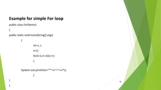 15
Example for simple For loop
public class ForDemo1
{
public static void main(String[] args)
{
int n, i;
n=2;
for(i=1;i<=10;i++)
{
System.out.println(n+"*"+i+"="+n*i);
}
}
}
 