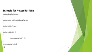 16
Example for Nested for loop
public class ForDemo2
{
public static void main(String[]args)
{
for(int i=1;i<=5;i++)
{
for(int j=1;j<=i;j++)
{
System.out.print("* ");
}
System.out.println();
} }
}
 
