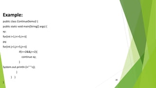 28
Example:
public class ContinueDemo2 {
public static void main(String[] args) {
xy:
for(int i=1;i<=5;i++){
pq:
for(int j=1;j<=5;j++){
if(i==2&&j==2){
continue xy;
}
System.out.println (i+" "+j);
}
} }
}
 