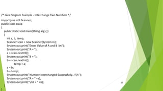 32
/* Java Program Example - Interchange Two Numbers */
import java.util.Scanner;
public class swap
{
public static void main(String args[])
{
int a, b, temp;
Scanner scan = new Scanner(System.in);
System.out.print("Enter Value of A and B :n");
System.out.print("A = ");
a = scan.nextInt();
System.out.print("B = ");
b = scan.nextInt();
temp = a;
a = b;
b = temp;
System.out.print("Number Interchanged Successfully..!!n");
System.out.print("A = " +a);
System.out.print("nB = " +b);
}
}
 