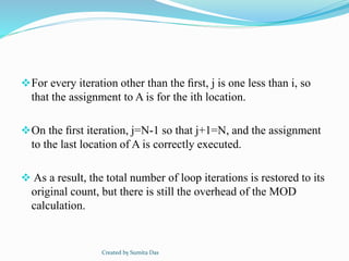For every iteration other than the ﬁrst, j is one less than i, so
that the assignment to A is for the ith location.
On the ﬁrst iteration, j=N-1 so that j+1=N, and the assignment
to the last location of A is correctly executed.
 As a result, the total number of loop iterations is restored to its
original count, but there is still the overhead of the MOD
calculation.
Created by Sumita Das
 