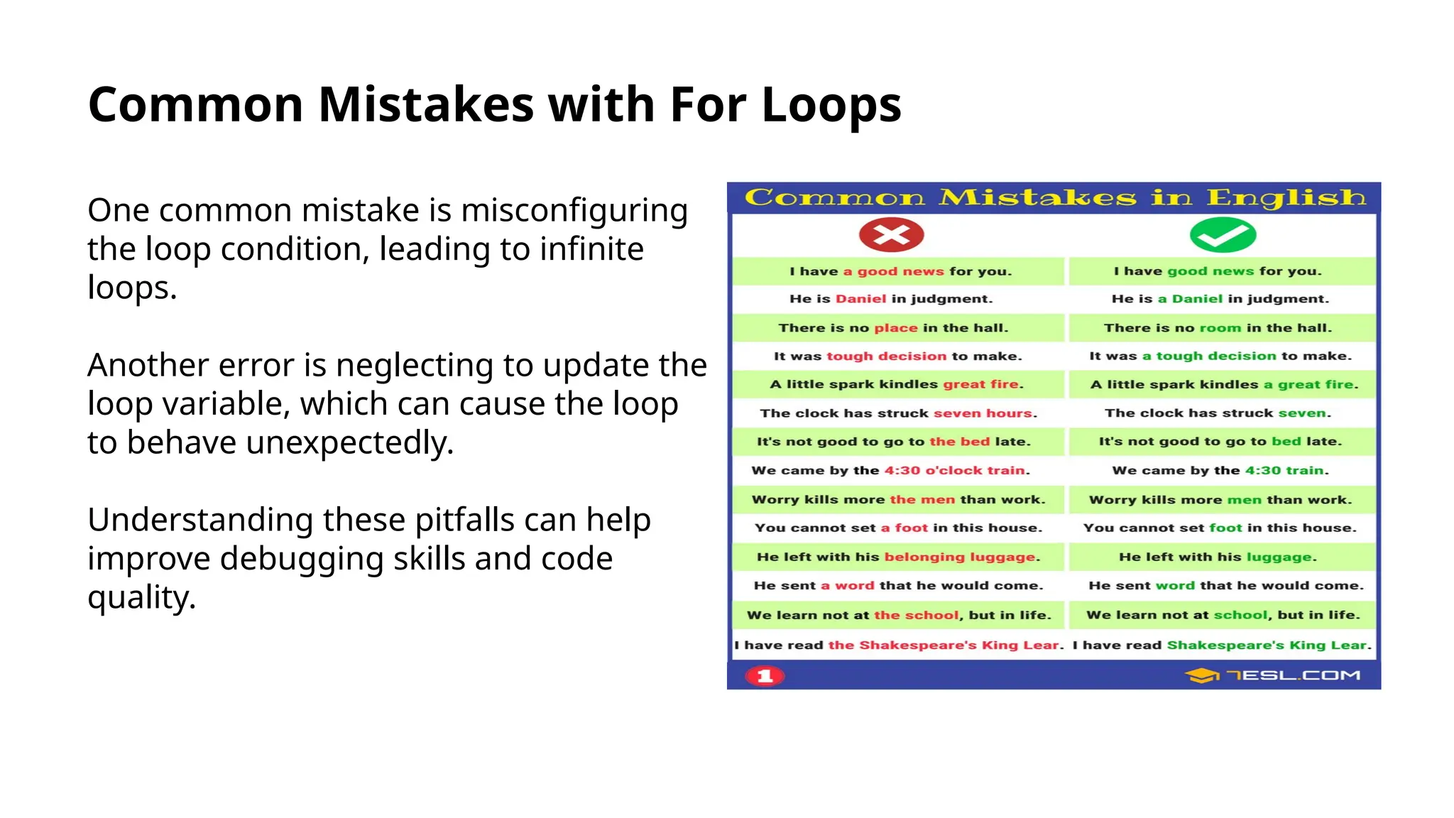 Common Mistakes with For Loops
One common mistake is misconfiguring
the loop condition, leading to infinite
loops.
Another error is neglecting to update the
loop variable, which can cause the loop
to behave unexpectedly.
Understanding these pitfalls can help
improve debugging skills and code
quality.
 