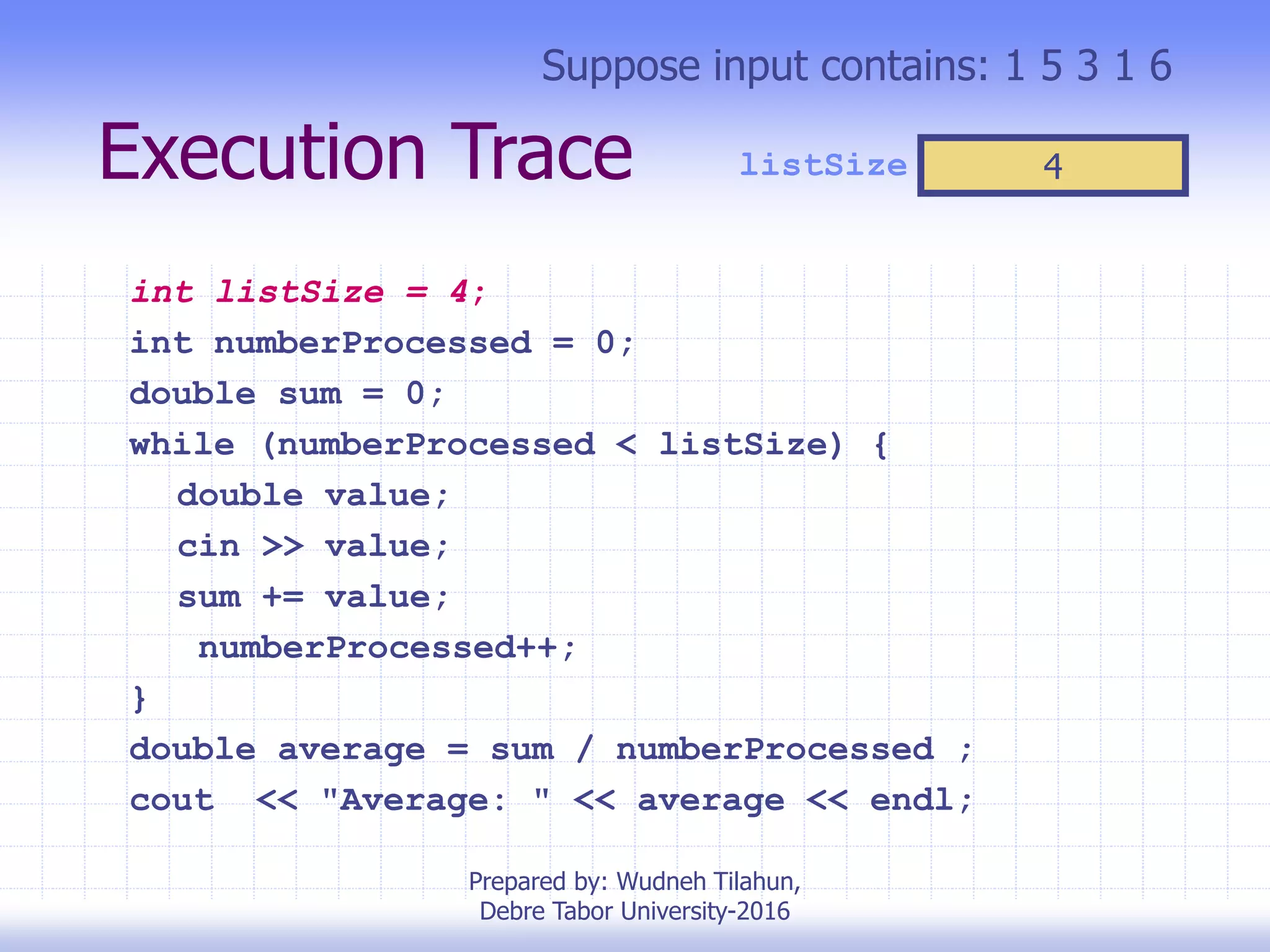 Execution Trace
int listSize = 4;
int numberProcessed = 0;
double sum = 0;
while (numberProcessed < listSize) {
double value;
cin >> value;
sum += value;
numberProcessed++;
}
double average = sum / numberProcessed ;
cout << "Average: " << average << endl;
Suppose input contains: 1 5 3 1 6
listSize 4
Prepared by: Wudneh Tilahun,
Debre Tabor University-2016
 