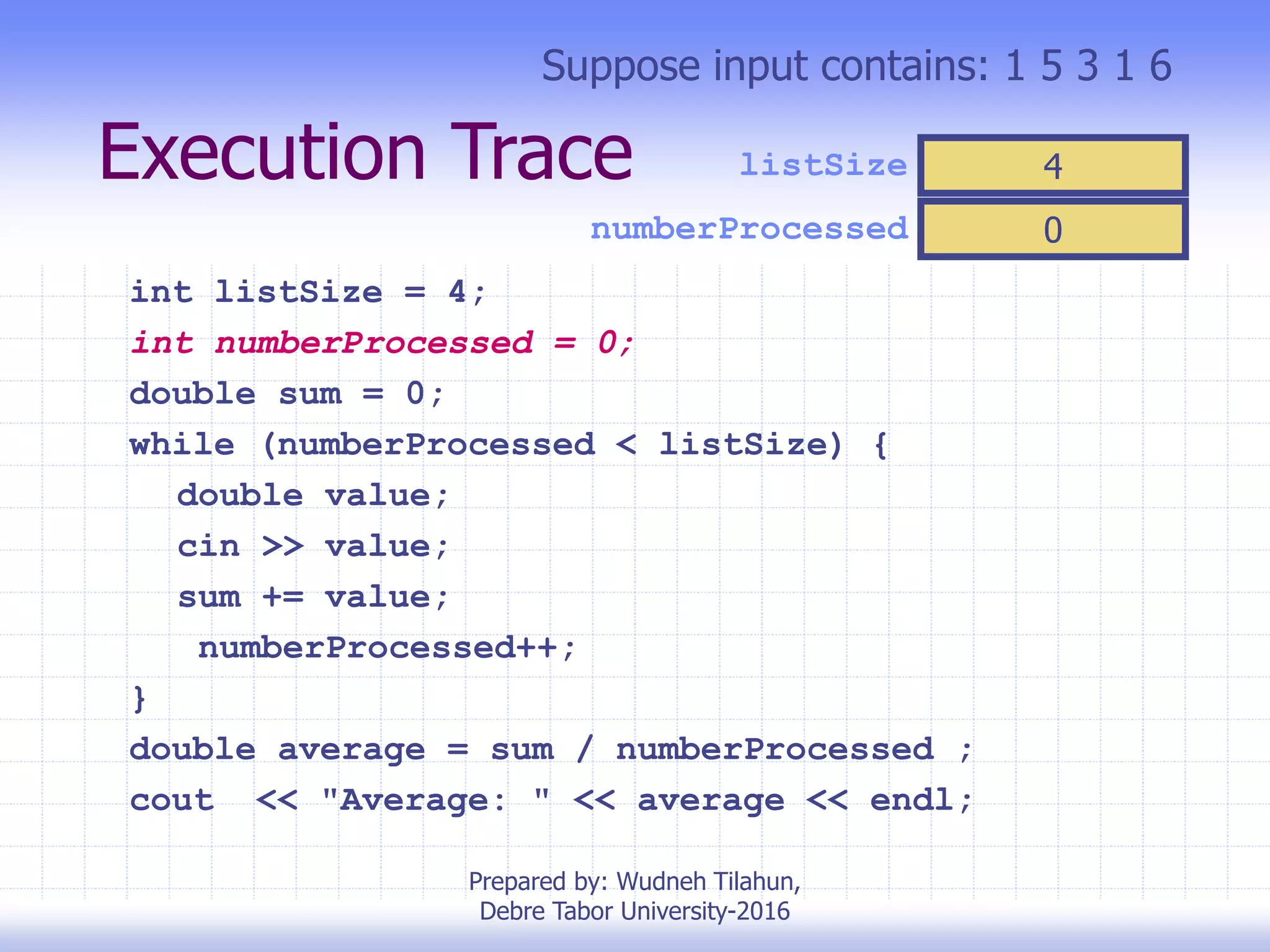 Execution Trace
int listSize = 4;
int numberProcessed = 0;
double sum = 0;
while (numberProcessed < listSize) {
double value;
cin >> value;
sum += value;
numberProcessed++;
}
double average = sum / numberProcessed ;
cout << "Average: " << average << endl;
numberProcessed
Suppose input contains: 1 5 3 1 6
4listSize
0
Prepared by: Wudneh Tilahun,
Debre Tabor University-2016
 