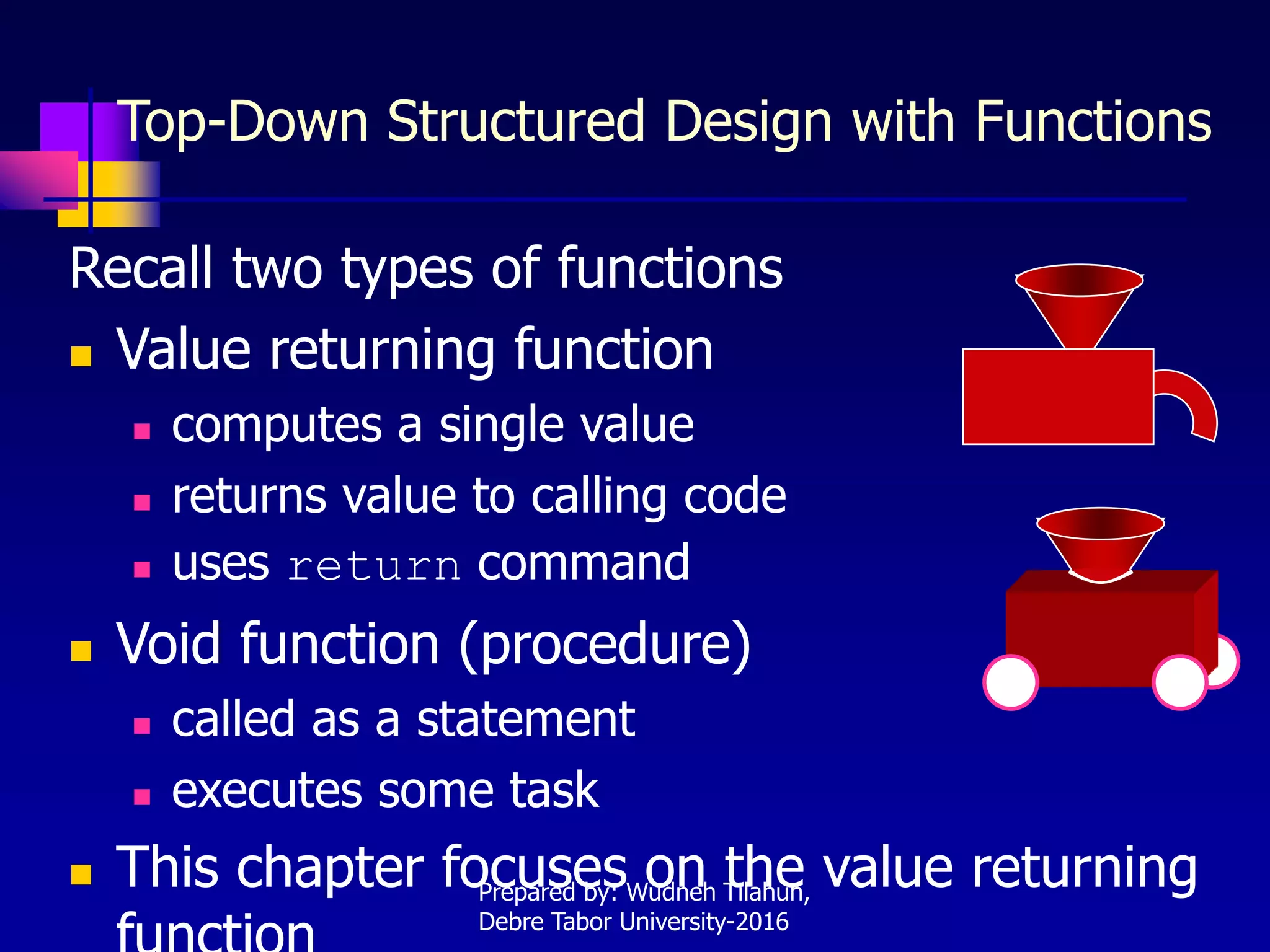 Top-Down Structured Design with Functions
Recall two types of functions
 Value returning function
 computes a single value
 returns value to calling code
 uses return command
 Void function (procedure)
 called as a statement
 executes some task
 This chapter focuses on the value returningPrepared by: Wudneh Tilahun,
Debre Tabor University-2016
 