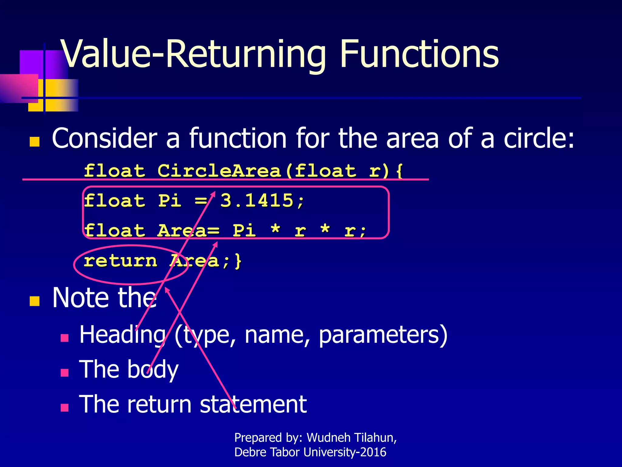 Value-Returning Functions
 Consider a function for the area of a circle:
float CircleArea(float r){
float Pi = 3.1415;
float Area= Pi * r * r;
return Area;}
 Note the
 Heading (type, name, parameters)
 The body
 The return statement
Prepared by: Wudneh Tilahun,
Debre Tabor University-2016
 