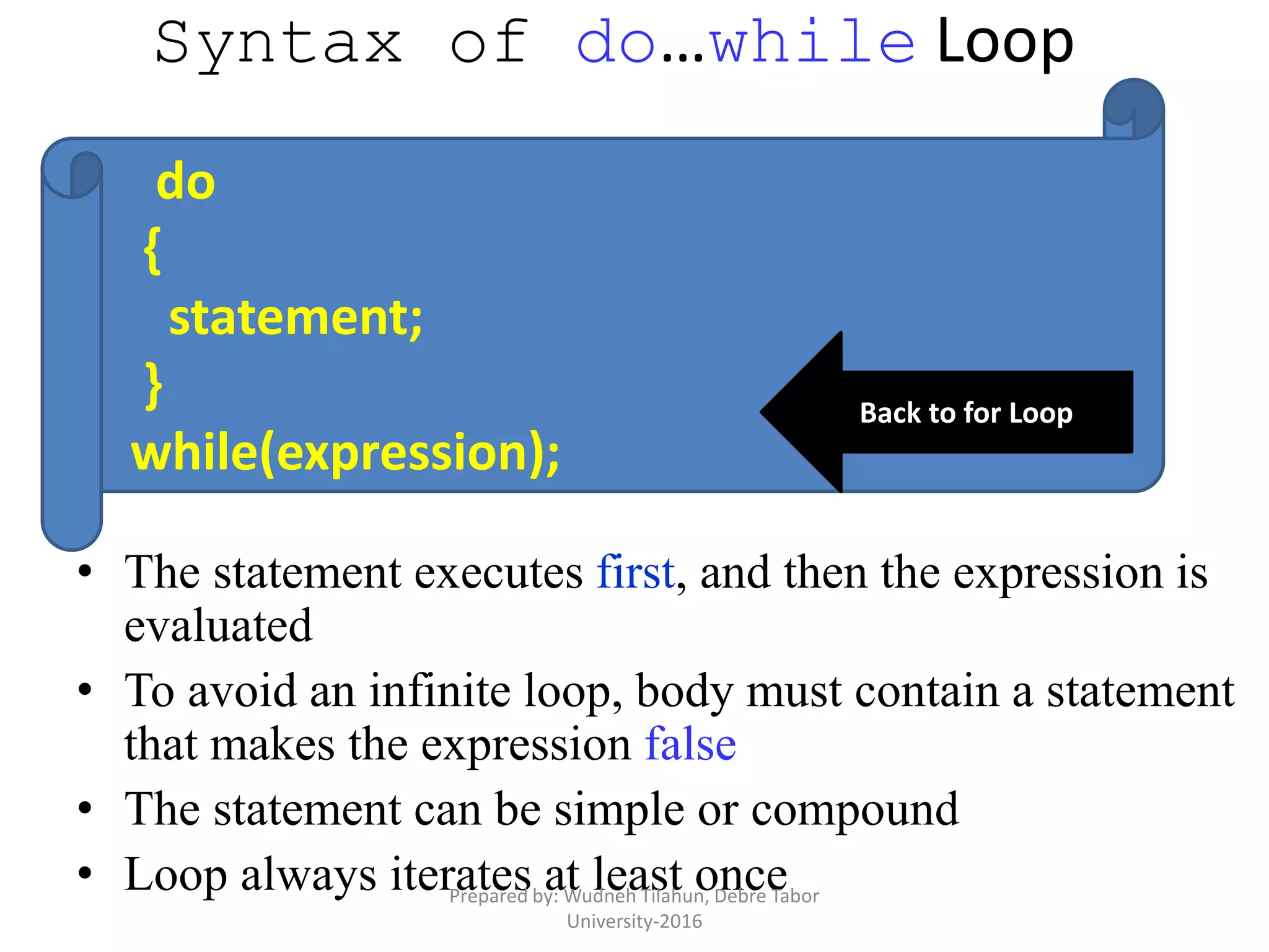 Syntax of do…while Loop
• The statement executes first, and then the expression is
evaluated
• To avoid an infinite loop, body must contain a statement
that makes the expression false
• The statement can be simple or compound
• Loop always iterates at least once
do
{
statement;
}
while(expression);
Back to for Loop
Prepared by: Wudneh Tilahun, Debre Tabor
University-2016
 