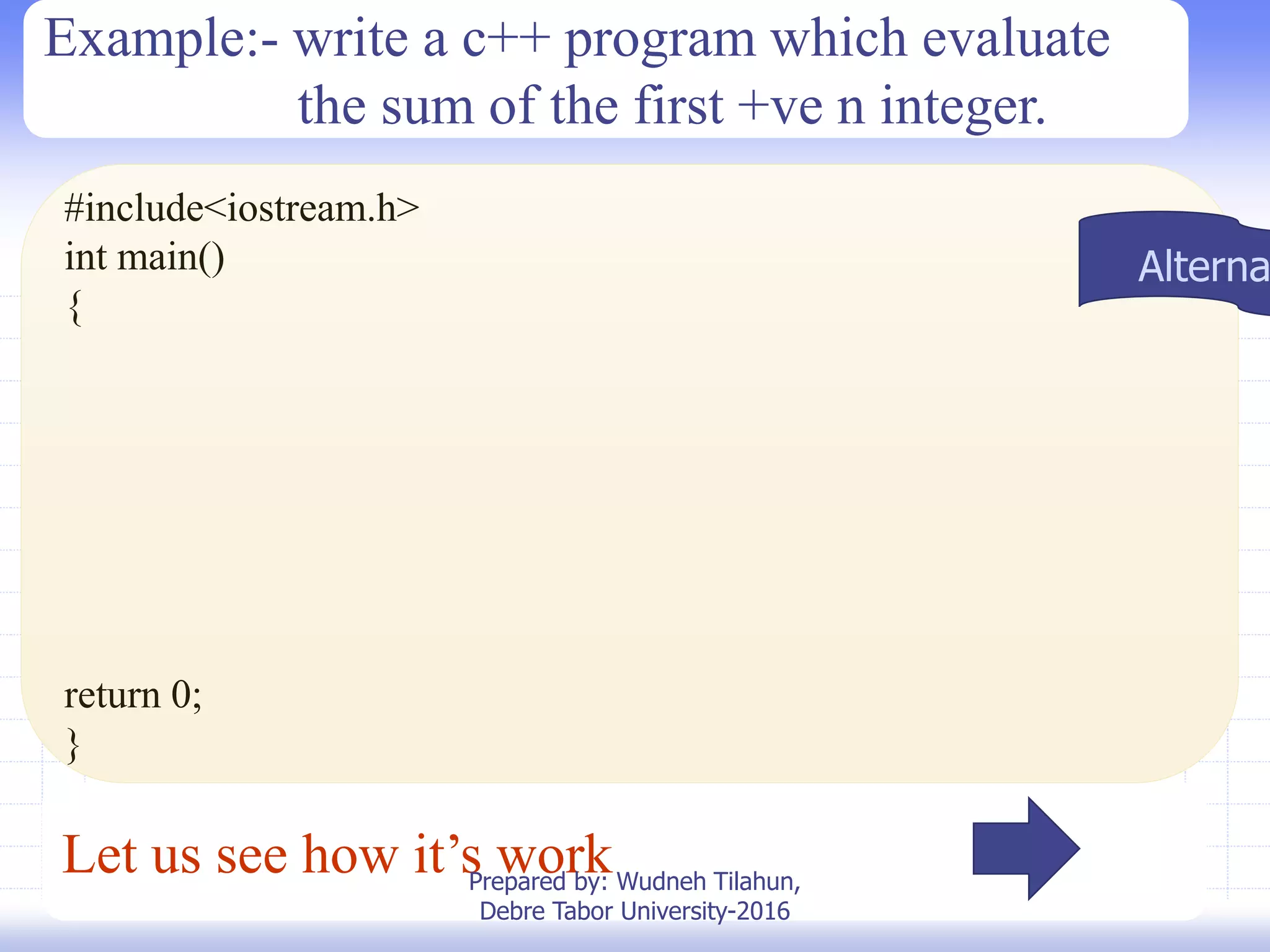Let us see how it’s work
#include<iostream.h>
int main()
{
return 0;
}
Example:- write a c++ program which evaluate
the sum of the first +ve n integer.
Alterna
Prepared by: Wudneh Tilahun,
Debre Tabor University-2016
 