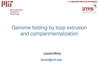 Leonid Mirny
!
leonid@mit.edu
Genome folding by loop extrusion
and compartmentalization
!
 