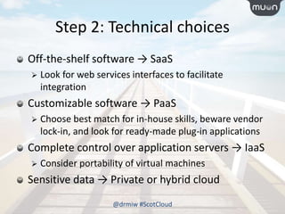 Step 2: Technical choices
Off-the-shelf software → SaaS
 Look for web services interfaces to facilitate
integration
Customizable software → PaaS
 Choose best match for in-house skills, beware vendor
lock-in, and look for ready-made plug-in applications
Complete control over application servers → IaaS
 Consider portability of virtual machines
Sensitive data → Private or hybrid cloud
@drmiw #ScotCloud
 