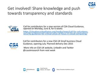 @CSAUKResearc
h
Cloud Security
Alliance, UK chapter https://cloudsecurityalliance.org.uk
Get involved! Share knowledge and push
towards transparency and standards
Call for contributors for a new version of CSA Cloud Guidance,
opened on Monday, June 8, for 6 weeks
https://cloudsecurityalliance.org/media/news/call-for-volunteers-
security-guidance-for-critical-areas-of-focus-in-cloud-computing/
Call for contributors for a new CSA UK Small business Cloud
Guidance, opening July. Planned delivery Dec 2015
More info on CSA UK website, LinkedIn and Twitter
@csaukresearch from next week
 