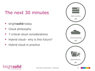 48Information Classification: Restricted
The next 30 minutes
 brightsolid today
 Cloud philosophy
 7 critical cloud considerations
 Hybrid cloud– why is this future?
 Hybrid cloud in practice
 