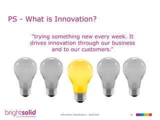 68Information Classification: Restricted
PS - What is Innovation?
“trying something new every week. It
drives innovation through our business
and to our customers.”
 
