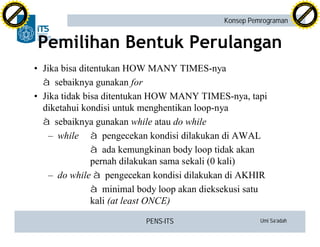 PENS-ITS Umi Sa’adah
Konsep Pemrograman
Pemilihan Bentuk Perulangan
• Jika bisa ditentukan HOW MANY TIMES-nya
à sebaiknya gunakan for
• Jika tidak bisa ditentukan HOW MANY TIMES-nya, tapi
diketahui kondisi untuk menghentikan loop-nya
à sebaiknya gunakan while atau do while
– while à pengecekan kondisi dilakukan di AWAL
à ada kemungkinan body loop tidak akan
pernah dilakukan sama sekali (0 kali)
– do while à pengecekan kondisi dilakukan di AKHIR
à minimal body loop akan dieksekusi satu
kali (at least ONCE)
C
lick
to
buy
N
O
W
!
PDF-XCHANGE
w
w
w
.docu-track.c
o
m
C
lick
to
buy
N
O
W
!
PDF-XCHANGE
w
w
w
.docu-track.c
o
m
 