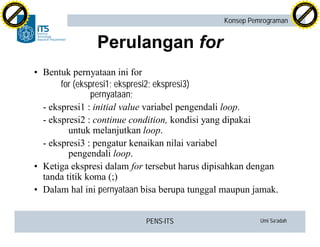 PENS-ITS Umi Sa’adah
Konsep Pemrograman
Perulangan for
• Bentuk pernyataan ini for
for (ekspresi1; ekspresi2; ekspresi3)
pernyataan;
- ekspresi1 : initial value variabel pengendali loop.
- ekspresi2 : continue condition, kondisi yang dipakai
untuk melanjutkan loop.
- ekspresi3 : pengatur kenaikan nilai variabel
pengendali loop.
• Ketiga ekspresi dalam for tersebut harus dipisahkan dengan
tanda titik koma (;)
• Dalam hal ini pernyataan bisa berupa tunggal maupun jamak.
C
lick
to
buy
N
O
W
!
PDF-XCHANGE
w
w
w
.docu-track.c
o
m
C
lick
to
buy
N
O
W
!
PDF-XCHANGE
w
w
w
.docu-track.c
o
m
 