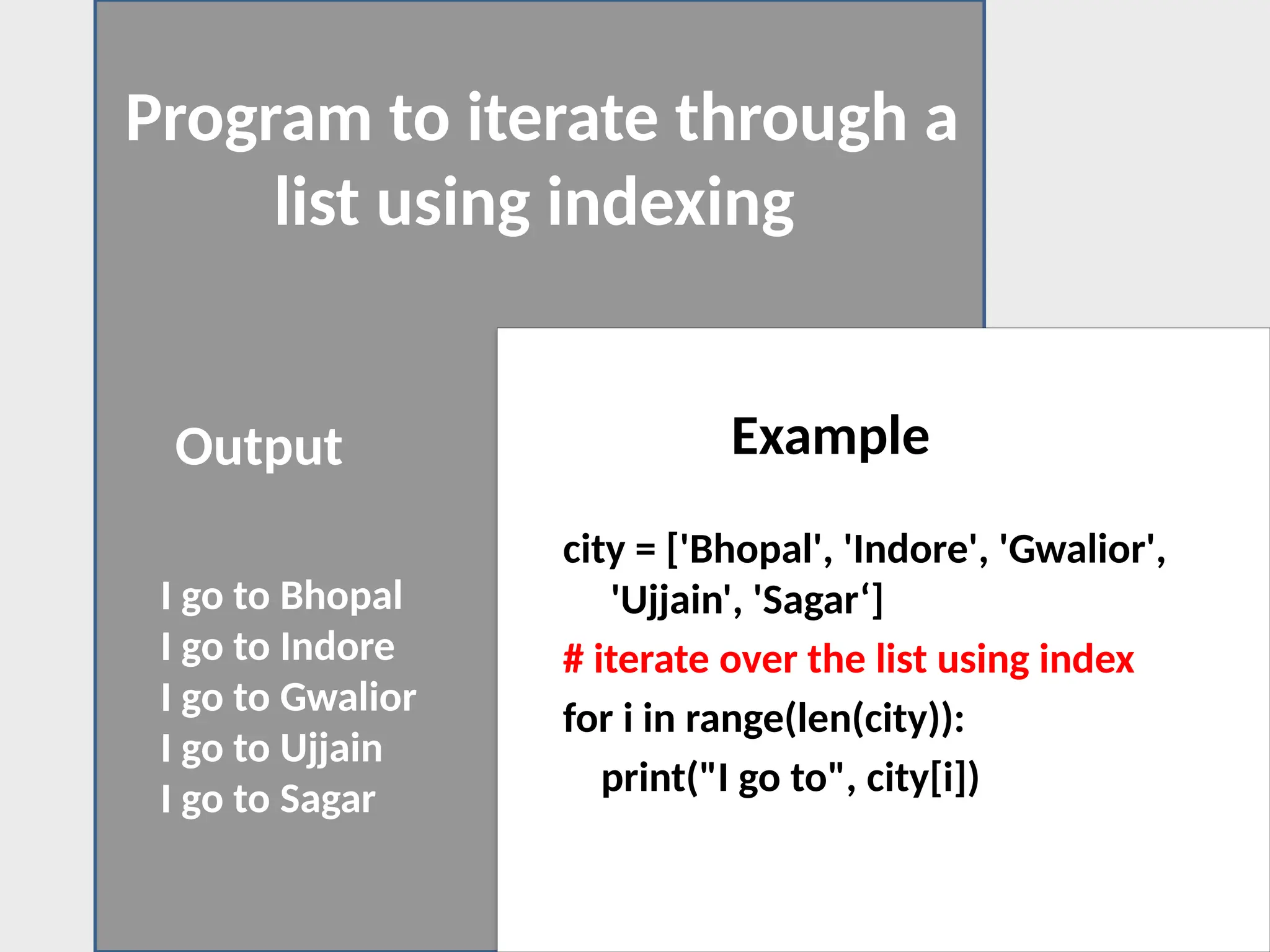 Program to iterate through a
list using indexing
city = ['Bhopal', 'Indore', 'Gwalior',
'Ujjain', 'Sagar‘]
# iterate over the list using index
for i in range(len(city)):
print("I go to", city[i])
I go to Bhopal
I go to Indore
I go to Gwalior
I go to Ujjain
I go to Sagar
Output Example
 