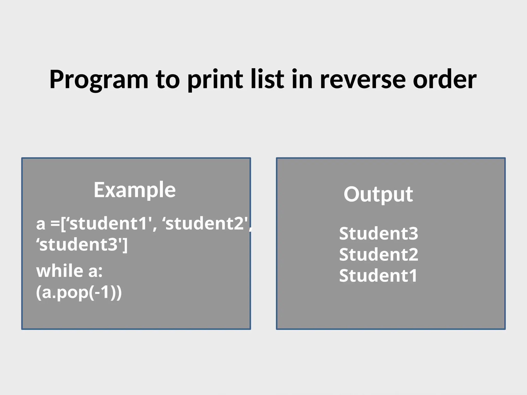 a =[‘student1', ‘student2',
‘student3']
while a:
(a.pop(-1))
Student3
Student2
Student1
Program to print list in reverse order
Example Output
 