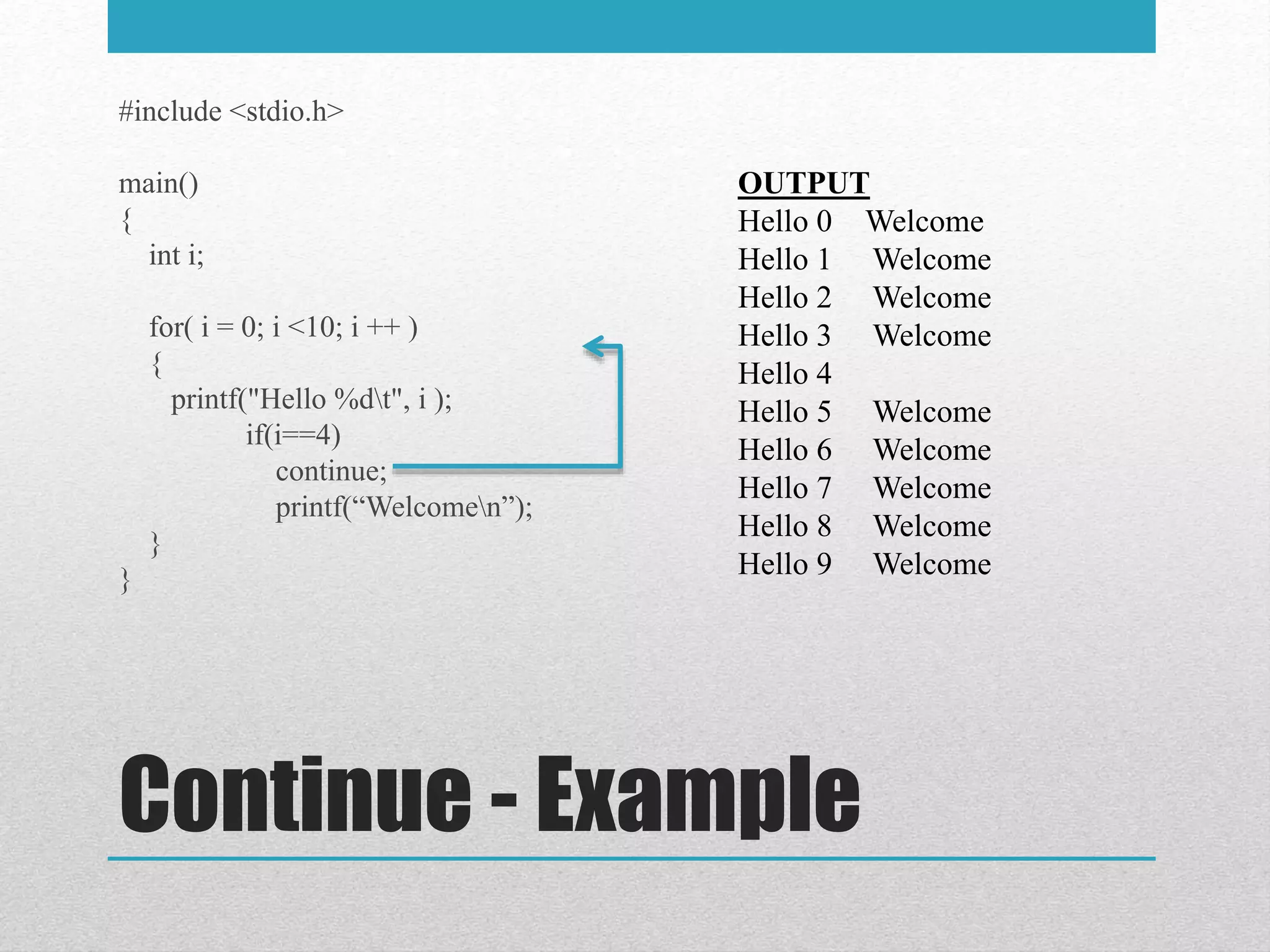 Continue - Example
#include <stdio.h>
main()
{
int i;
for( i = 0; i <10; i ++ )
{
printf("Hello %dt", i );
if(i==4)
continue;
printf(“Welcomen”);
}
}
OUTPUT
Hello 0 Welcome
Hello 1 Welcome
Hello 2 Welcome
Hello 3 Welcome
Hello 4
Hello 5 Welcome
Hello 6 Welcome
Hello 7 Welcome
Hello 8 Welcome
Hello 9 Welcome
 