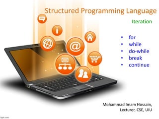 Structured Programming Language
Iteration
Mohammad Imam Hossain,
Lecturer, CSE, UIU
• for
• while
• do-while
• break
• continue
 