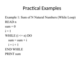 Practical Examples
Example 1: Sum of N Natural Numbers (While Loop)
READ n
sum = 0
i = 1
WHILE (i <= n) DO
sum = sum + i
i = i + 1
END WHILE
PRINT sum
 
