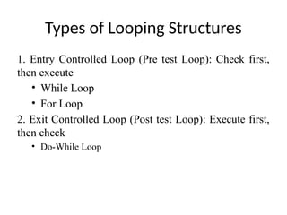 Types of Looping Structures
1. Entry Controlled Loop (Pre test Loop): Check first,
then execute
• While Loop
• For Loop
2. Exit Controlled Loop (Post test Loop): Execute first,
then check
• Do-While Loop
 