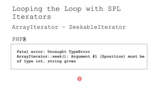 Looping the Loop with SPL
Iterators
ArrayIterator – SeekableIterator
PHP8
Fatal error: Uncaught TypeError
ArrayIterator::seek(): Argument #1 ($position) must be
of type int, string given

 
