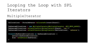 Looping the Loop with SPL
Iterators
MultipleIterator
$allocations = $totalAdvance->allocateTo(count($cars));
$advanceAllocations = new MultipleIterator(MultipleIterator::MIT_KEYS_ASSOC);
$advanceAllocations->attachIterator(ArrayIterator($cars), 'car');
$advanceAllocations->attachIterator(ArrayIterator($allocations), 'advance');
foreach($advanceAllocations as $advanceAllocation) {
extract($advanceAllocation);
$car->setAdvance($advance);
}
 