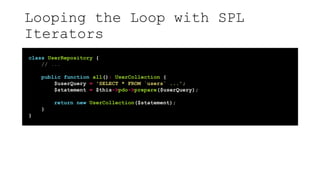 Looping the Loop with SPL
Iterators
class UserRepository {
// ...
public function all(): UserCollection {
$userQuery = 'SELECT * FROM `users` ...';
$statement = $this->pdo->prepare($userQuery);
return new UserCollection($statement);
}
}
 