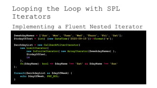 Looping the Loop with SPL
Iterators
Implementing a Fluent Nested Iterator
$weekdayNames = ['Sun', 'Mon', 'Tues', 'Wed', 'Thurs', 'Fri', 'Sat'];
$todayOffset = (int) (new DateTime('2020-09-15'))->format('w');
$workdayList = new CallbackFilterIterator(
new LimitIterator(
new InfiniteIterator( new ArrayIterator($weekdayNames) ),
$todayOffset,
14
),
fn($dayName): bool => $dayName !== 'Sat' && $dayName !== 'Sun'
);
foreach($workdayList as $dayOfWeek) {
echo $dayOfWeek, PHP_EOL;
}
 